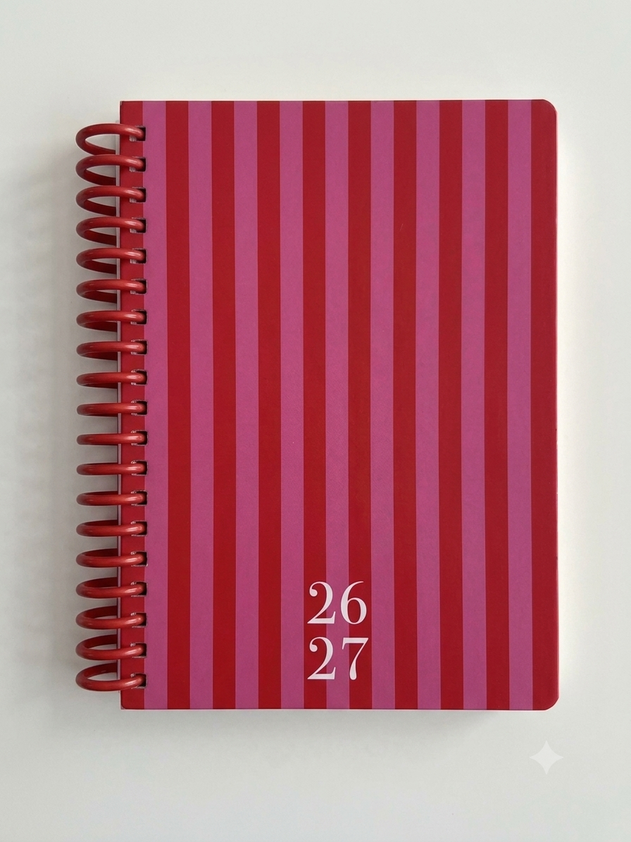 Agenda 26-27 semana vista- stripes cherry. Tamaño 16 x 23,5 cm. Anillas.