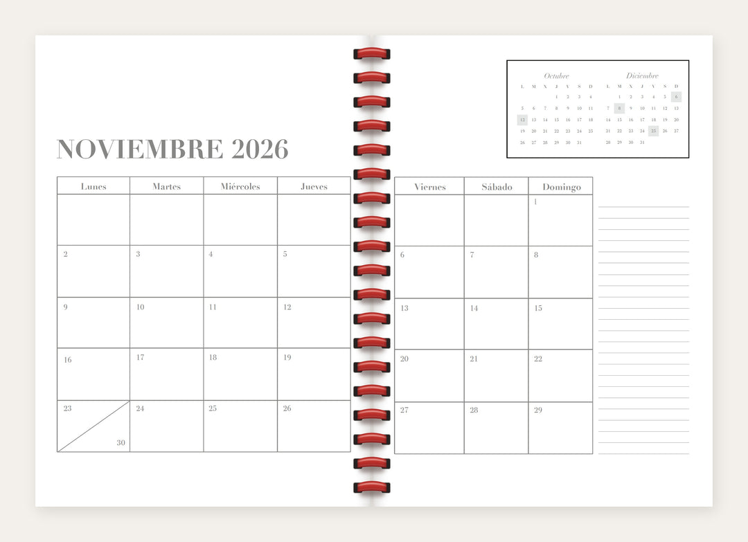 Agenda 26-27 semana vista- stripes cherry. Tamaño 16 x 23,5 cm. Anillas.