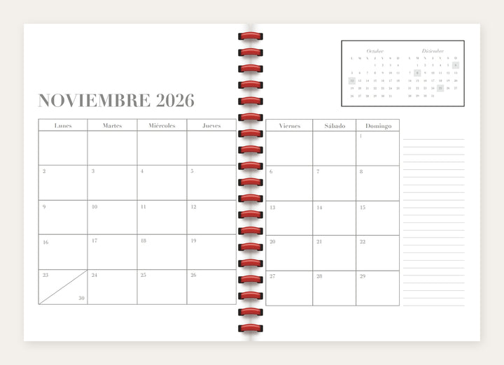 Agenda 26-27 semana vista- stripes cherry. Tamaño 16 x 23,5 cm. Anillas.